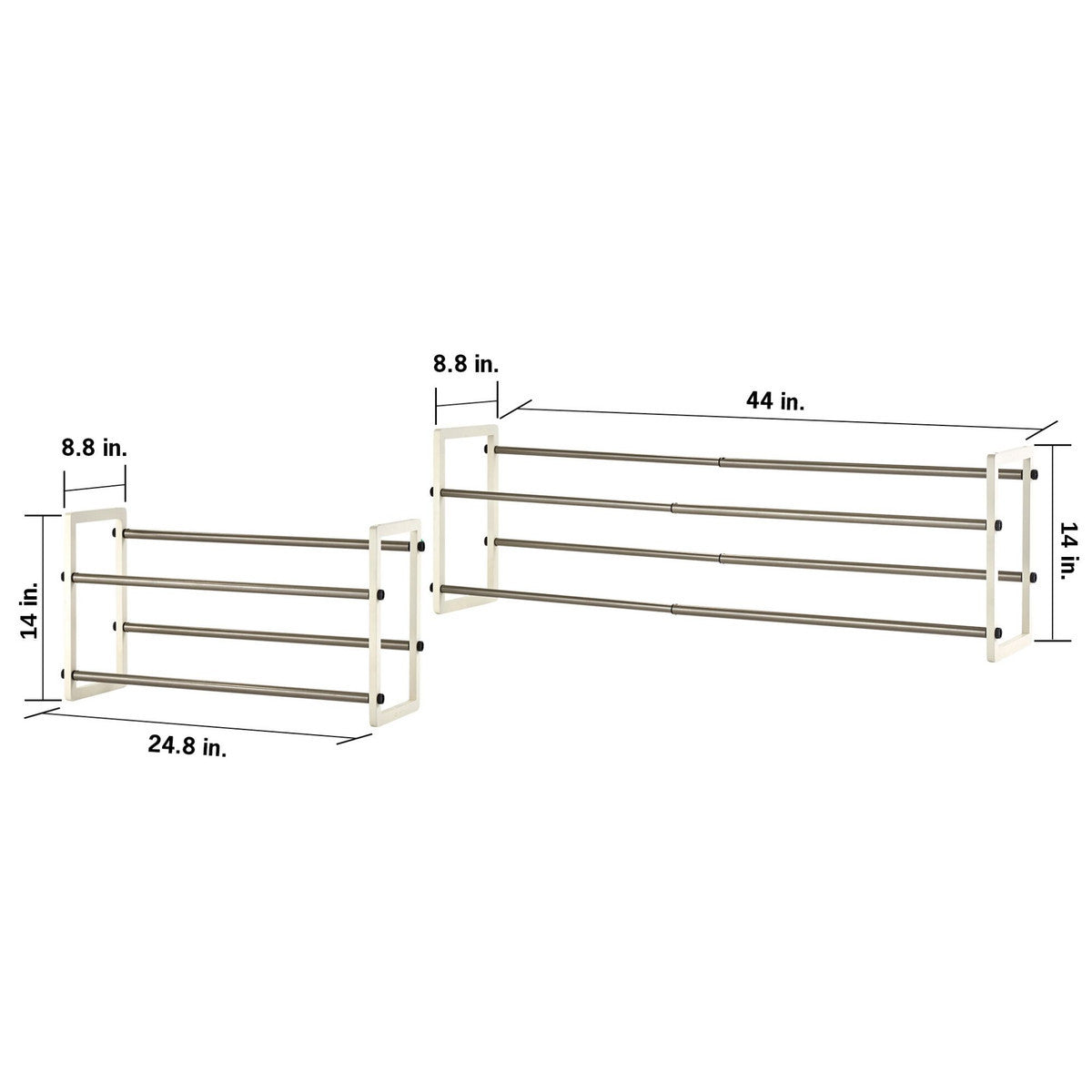 Two views of a Trinity Basics 2-Tier Expandable Shoe Rack. The image includes dimensions, showing that the rack's height is 14 inches, its depth is 8.8 inches, and its width can expand from 24.8 inches to 44 inches.