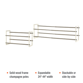 Two white and silver expandable two-tier shoe racks, one contracted and one expanded. Below the racks are three bullet points highlighting features: 