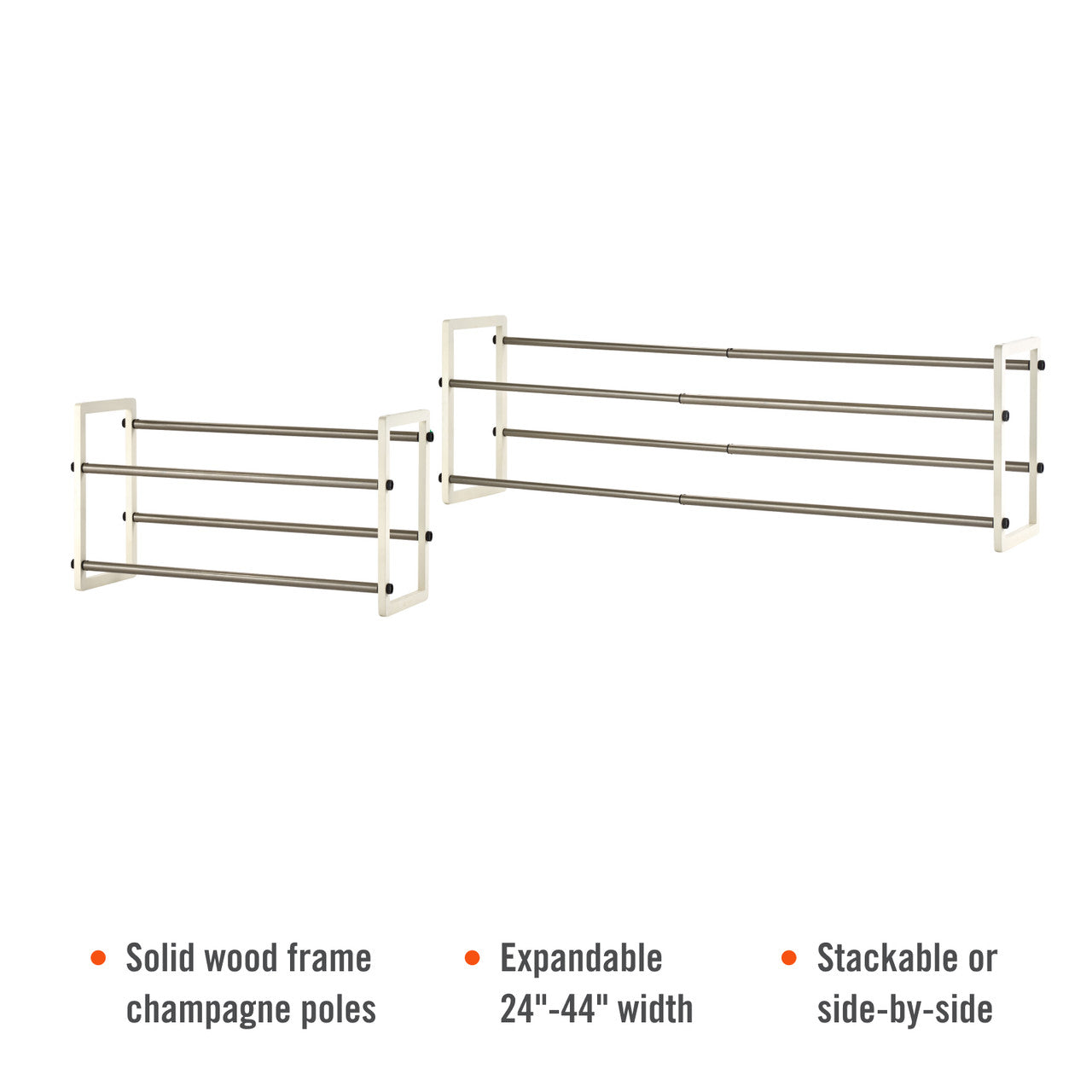 Two white and silver expandable two-tier shoe racks, one contracted and one expanded. Below the racks are three bullet points highlighting features: "Solid wood frame champagne poles," "Expandable 24"-44" width," and "Stackable or side-by-side."