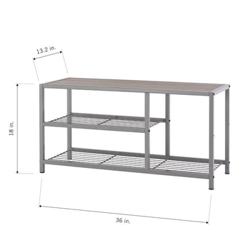 A 36-inch wide by 18-inch tall metal shoe rack with a wooden top is shown. It features two lower wire shelves, with the top wire shelf extending only 13.2 inches from the left side, leaving a taller open space on the right.