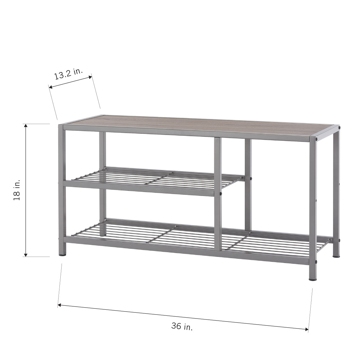 A 36-inch wide by 18-inch tall metal shoe rack with a wooden top is shown. It features two lower wire shelves, with the top wire shelf extending only 13.2 inches from the left side, leaving a taller open space on the right.