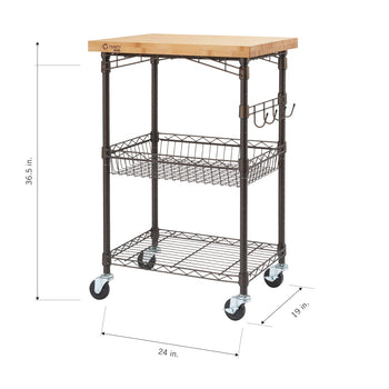 Mobile kitchen cart with a wooden top, metal frame, wire basket, lower shelf, and side hooks. Dimensions are 36.5 inches high, 24 inches wide, and 19 inches deep.