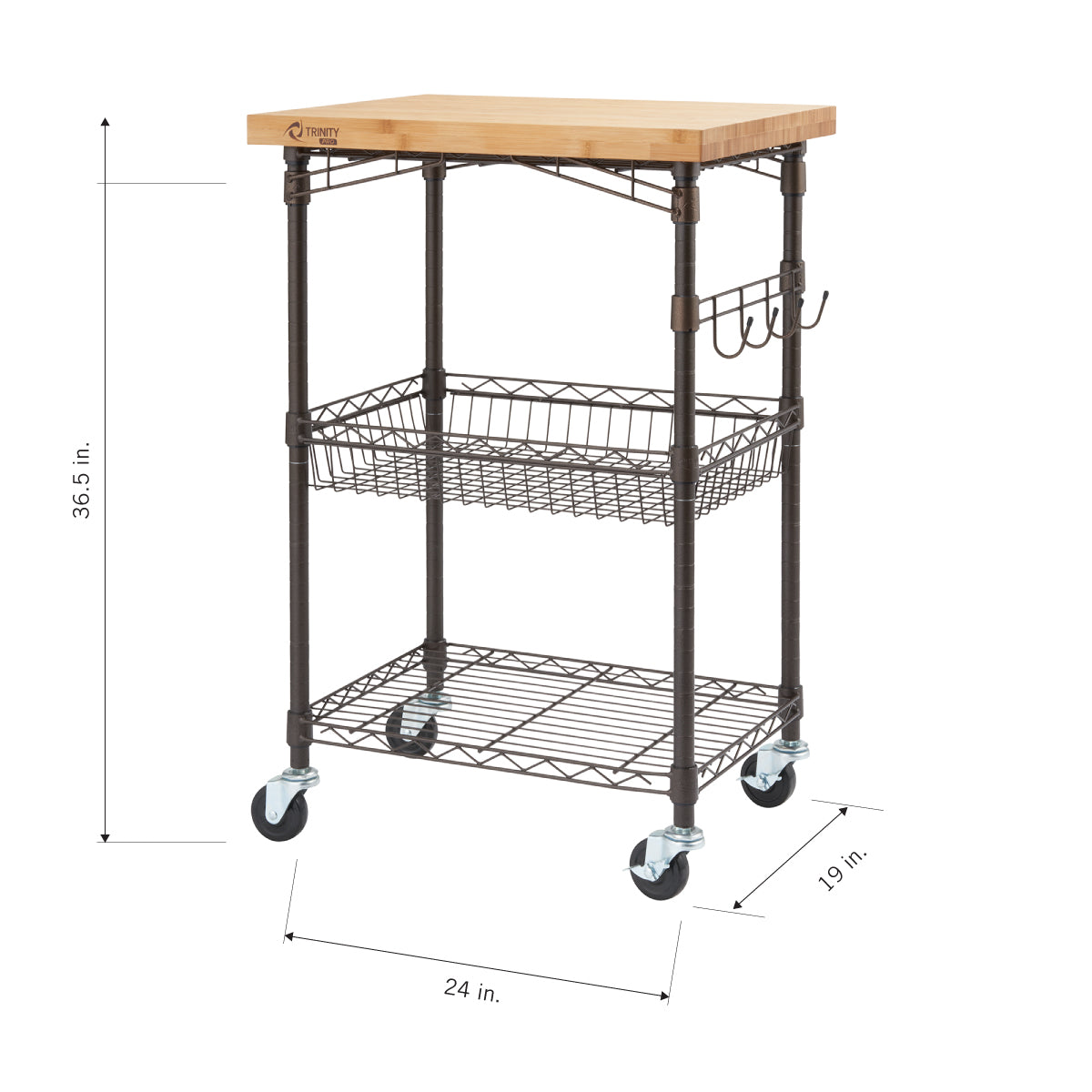 Mobile kitchen cart with a wooden top, metal frame, wire basket, lower shelf, and side hooks. Dimensions are 36.5 inches high, 24 inches wide, and 19 inches deep.