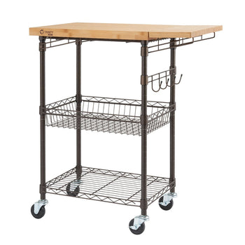 A Trinity Pro EcoStorage Bronze Anthracite Kitchen Cart with a drop leaf. It features a wooden top, metal frame, wire baskets, and wheels.