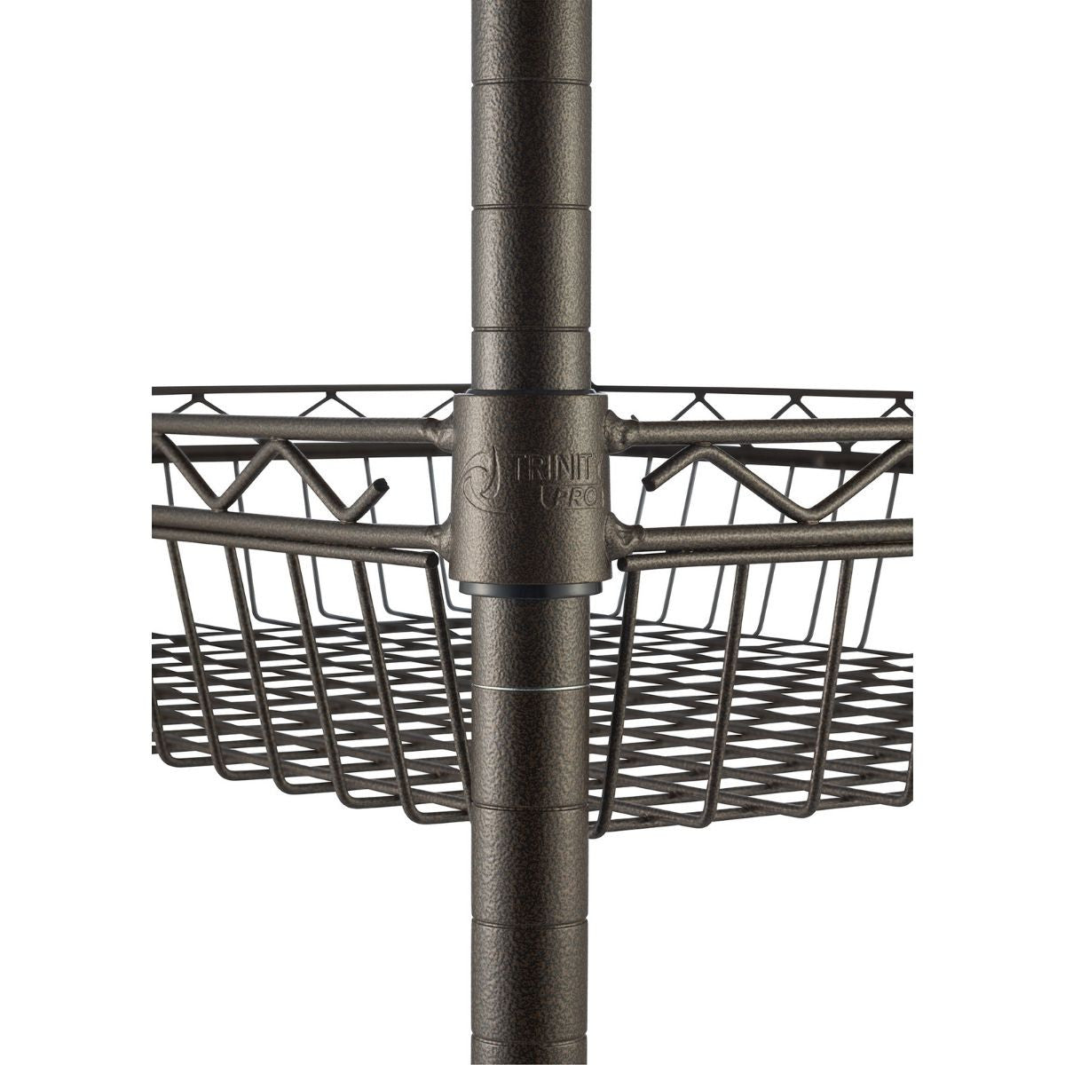 A close-up of a bronze, metal wire basket attached to a pole with the "Trinity Pro" logo visible. It appears to be part of the Trinity Pro Expandable Bamboo Top Kitchen Cart.