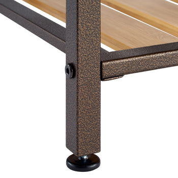 A close up of the bronze metal feet leveler of a shoe rack.