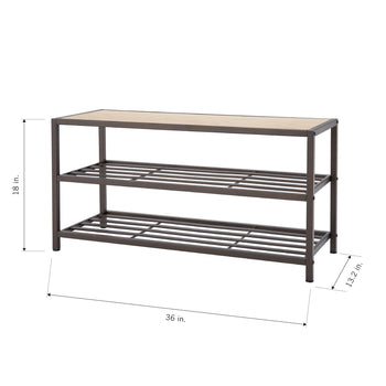 A front-view product shot of a three-tier shoe rack with a light wood-grain top and a bronze metal frame. The dimensions are labeled as 36 inches wide, 18 inches high, and 13.2 inches deep.
