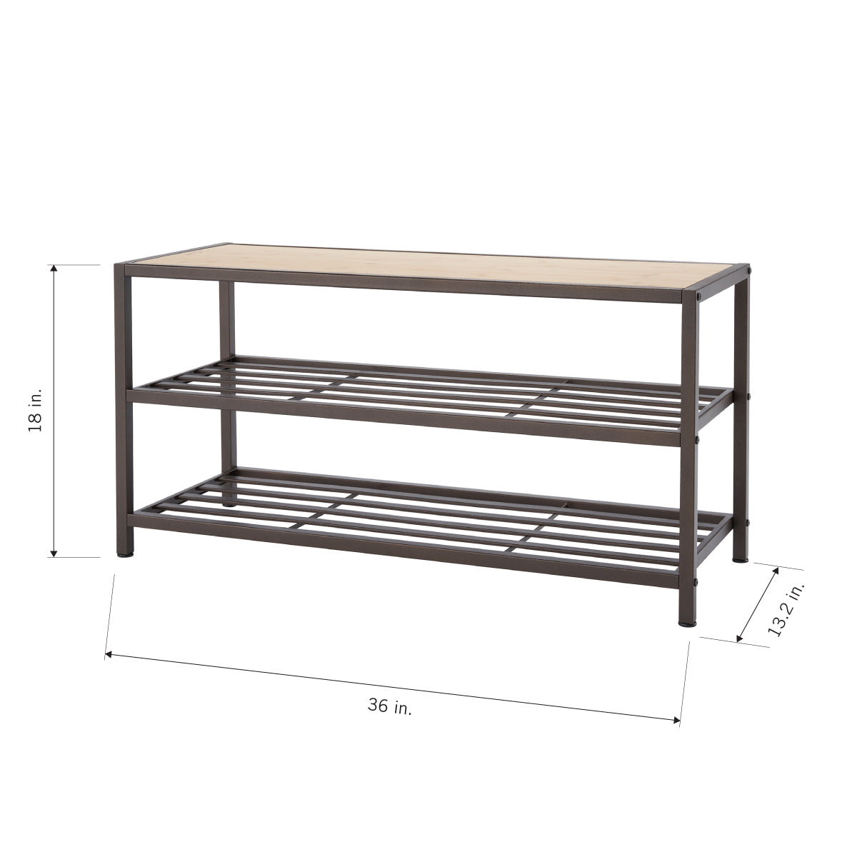 A front-view product shot of a three-tier shoe rack with a light wood-grain top and a bronze metal frame. The dimensions are labeled as 36 inches wide, 18 inches high, and 13.2 inches deep.