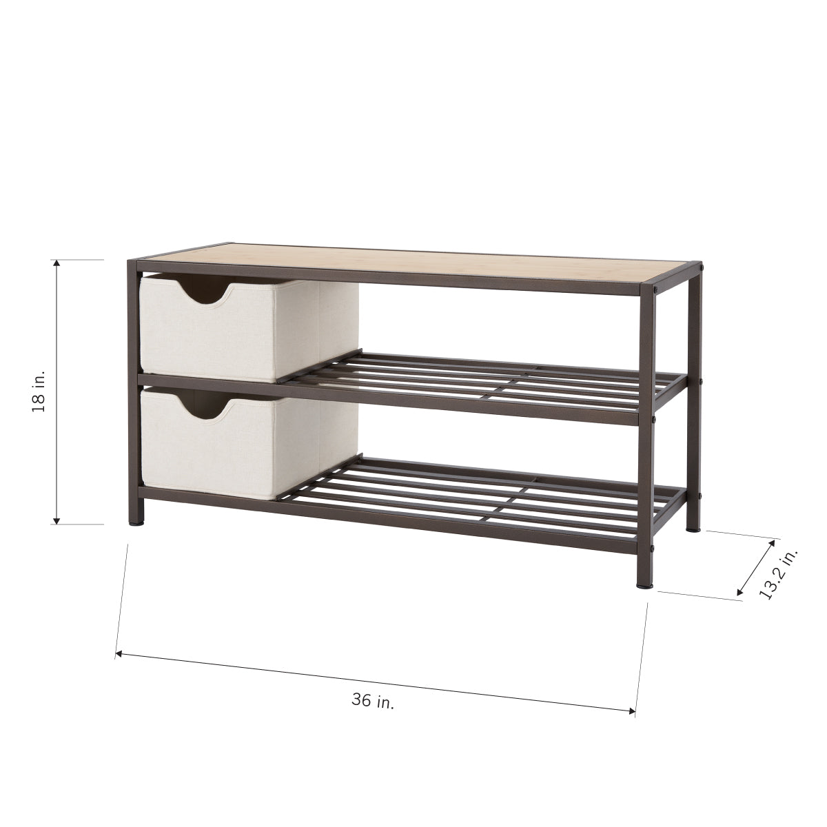 A metal shoe rack with a light brown wooden top and two slatted shelves. It is shown with two rectangular, beige fabric storage bins on the top and middle shelf, and its dimensions are labeled as 36 inches wide, 18 inches high, and 13.2 inches deep.