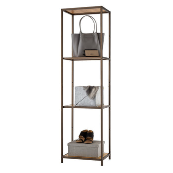 A tall bronze anthracite shelving tower with 4 shelves showcasing bags and a pair of heels on a bin.
