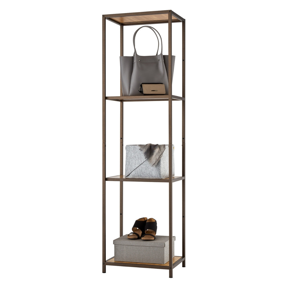 A tall bronze anthracite shelving tower with 4 shelves showcasing bags and a pair of heels on a bin.