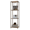 A tall bronze anthracite shelving tower with 4 shelves showcasing bags and a pair of heels on a bin.