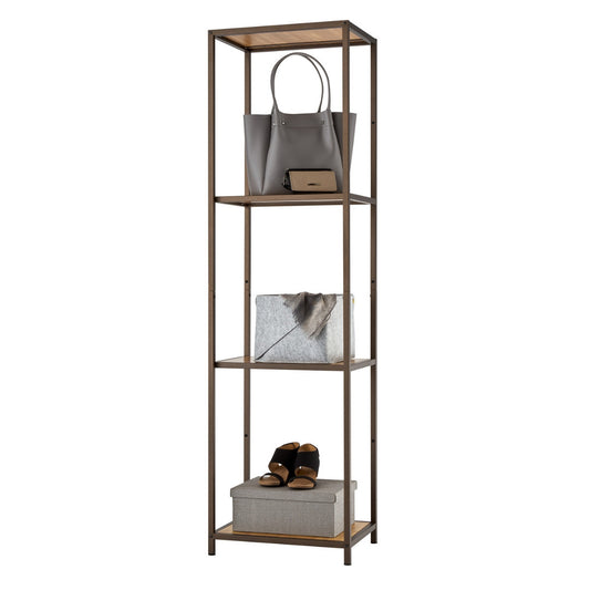 A tall bronze anthracite shelving tower with 4 shelves showcasing bags and a pair of heels on a bin.