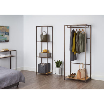 A four-tiered bronze anthracite shelving rack place next to a matching bronze clothing rack.