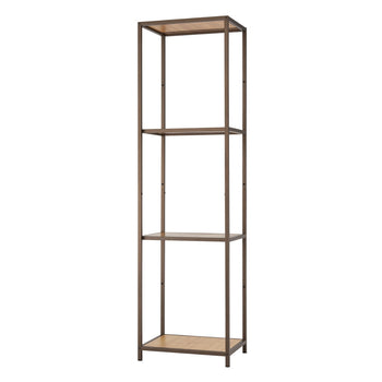 A tall and narrow four-tiered bookshelf stands against a white background. The frame is dark metal, and the shelves appear to be made of light-colored bamboo.