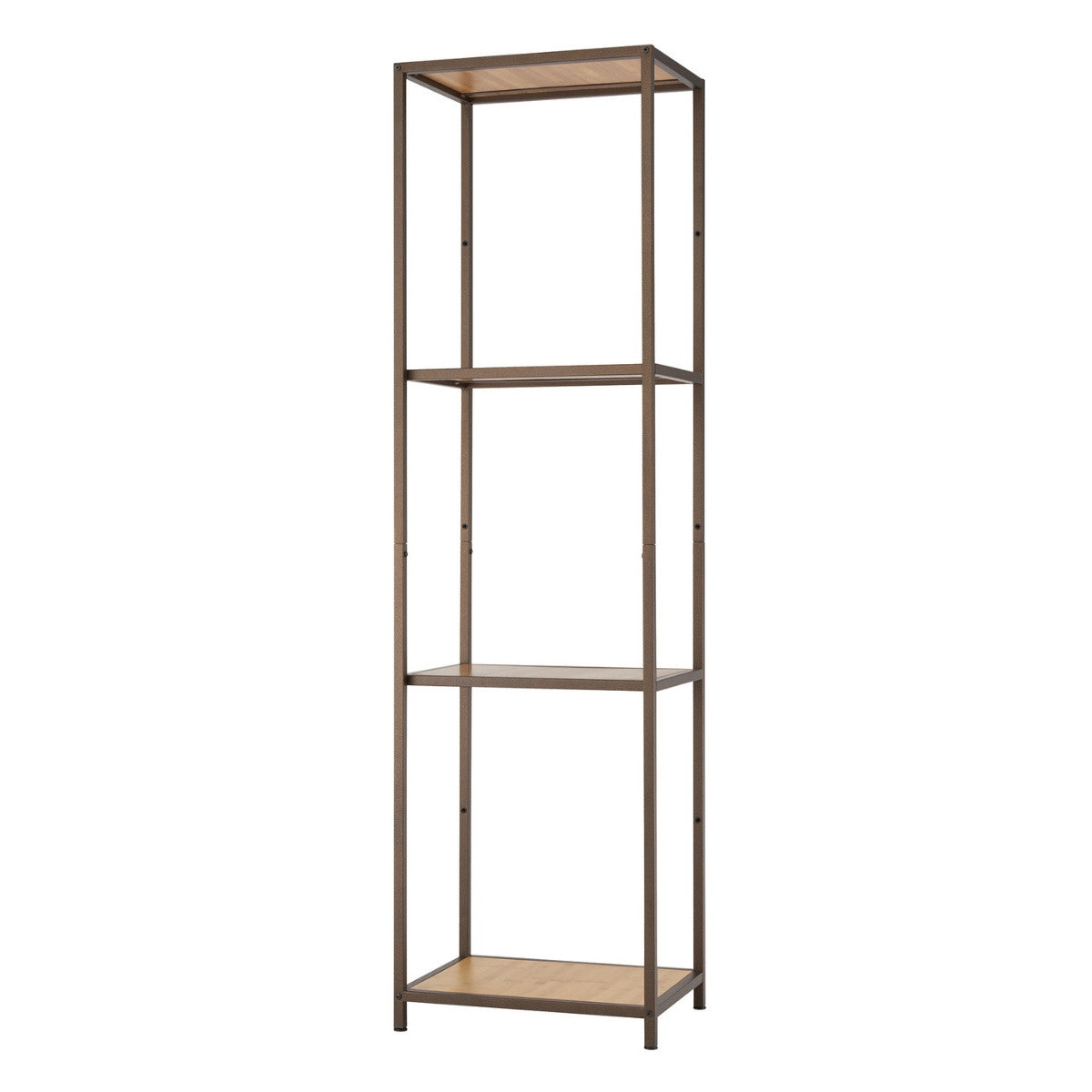 A tall and narrow four-tiered bookshelf stands against a white background. The frame is dark metal, and the shelves appear to be made of light-colored bamboo.