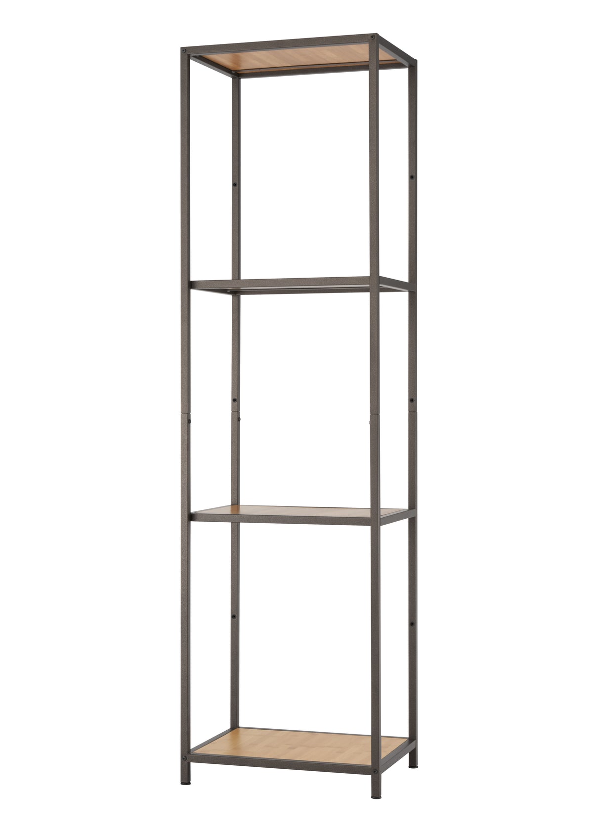 A tall and narrow four-tiered bookshelf stands against a white background. The frame is dark metal, and the shelves appear to be made of light-colored bamboo.