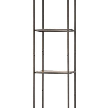 A tall and narrow four-tiered bookshelf stands against a white background. The frame is dark metal, and the shelves appear to be made of light-colored bamboo.