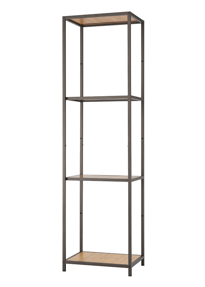 A tall and narrow four-tiered bookshelf stands against a white background. The frame is dark metal, and the shelves appear to be made of light-colored bamboo.