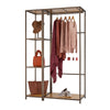 A bronze anthracite closet organizer with bamboo shelves displays various fashion items. These include hanging sweaters and a scarf, a hat on a stand, handbags on shelves, and a pair of shoes on the bottom.