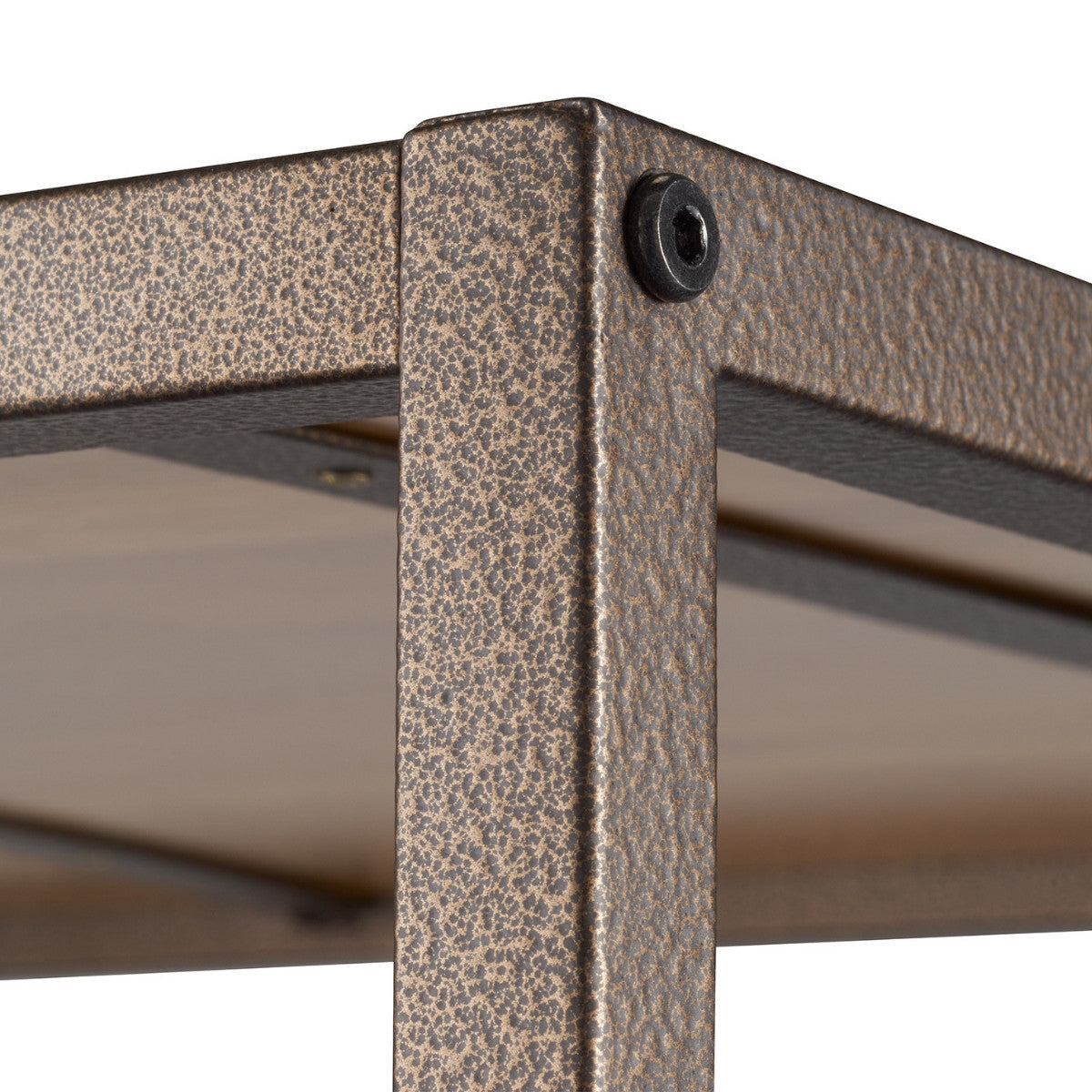 A close-up shot of a bronze anthracite metal box frame shows its textured surface and a hexagonal bolt at the corner.