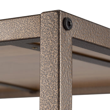 A close-up shot of a bronze anthracite metal box frame shows its textured surface and a hexagonal bolt at the corner.
