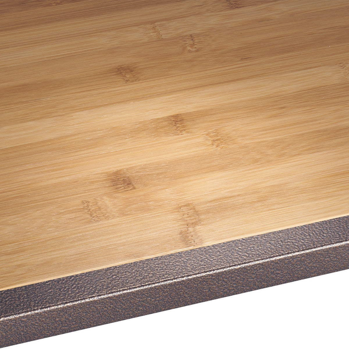 A close-up shot shows the corner of a bamboo shelf with a bronze anthracite metal frame. The light brown bamboo slats run horizontally, contrasting with the textured, bronze anthracite metal frame.
