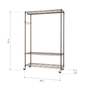A front-view product image of a bronze-colored wire garment rack with wheels. The rack features a top shelf, a hanging rod with four hooks, a lower shelf, and a bottom shelf, with dimensions of 76 inches tall, 48 inches wide, and 18 inches deep.