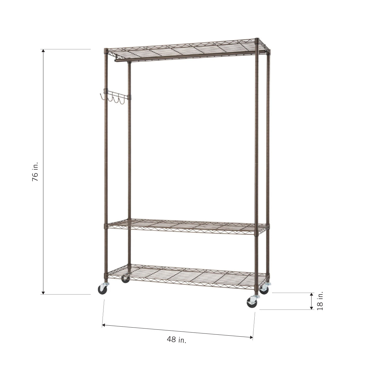 A front-view product image of a bronze-colored wire garment rack with wheels. The rack features a top shelf, a hanging rod with four hooks, a lower shelf, and a bottom shelf, with dimensions of 76 inches tall, 48 inches wide, and 18 inches deep.
