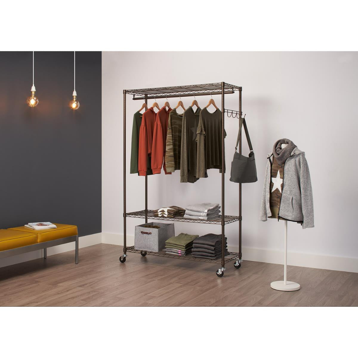 metal dress rack TRINITY 3-Tier Rolling Garment Rack, Bronze Anthracite