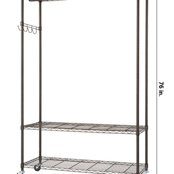 A front-view product image of a bronze-colored wire garment rack with wheels. The rack features a top shelf, a hanging rod with four hooks, a lower shelf, and a bottom shelf, with dimensions of 76 inches tall, 48 inches wide, and 18 inches deep.