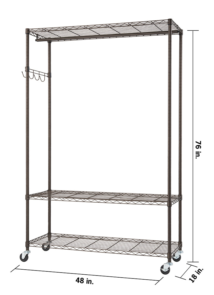 A front-view product image of a bronze-colored wire garment rack with wheels. The rack features a top shelf, a hanging rod with four hooks, a lower shelf, and a bottom shelf, with dimensions of 76 inches tall, 48 inches wide, and 18 inches deep.