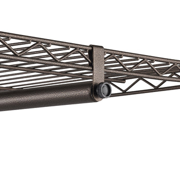 A close-up shows a section of a bronze-colored wire shelving unit. A horizontal hanging rod is attached beneath one of the shelves using a black knob mechanism.
