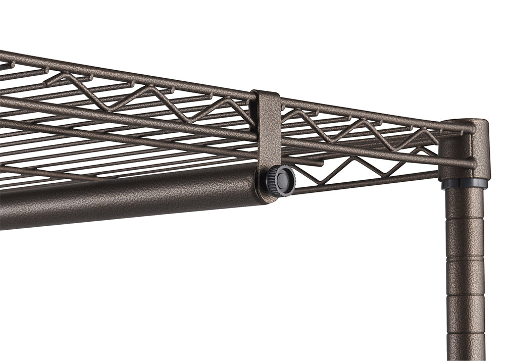 A close-up shows a section of a bronze-colored wire shelving unit. A horizontal hanging rod is attached beneath one of the shelves using a black knob mechanism.