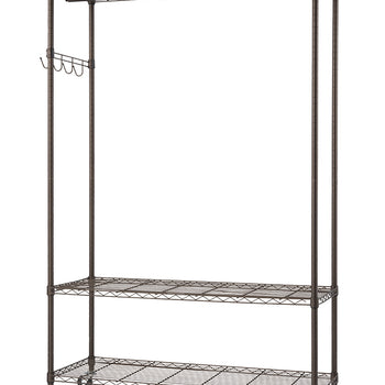 A bronze-colored wire garment rack with three tiers and wheels is shown against a white background. The rack includes a hanging rod at the top, two wire shelves below, and a set of hooks on one side.