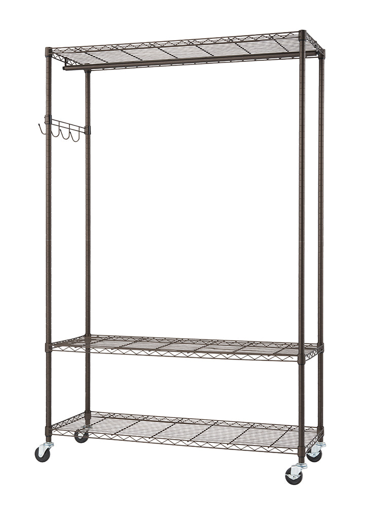 A bronze-colored wire garment rack with three tiers and wheels is shown against a white background. The rack includes a hanging rod at the top, two wire shelves below, and a set of hooks on one side.