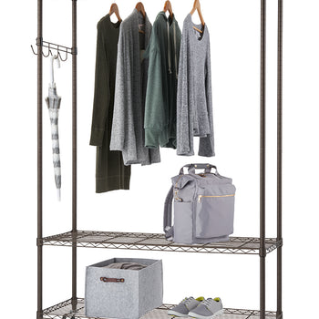 A bronze anthracite metal rolling closet organizer with 3 shelves and 1 hanging rod filled with clothes, a bag, and shoe.