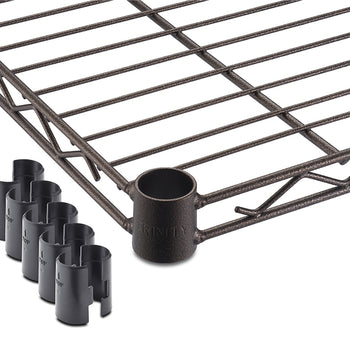 A close-up view highlights the corner collar and wire grid design of a bronze wire shelf alongside four pairs of black plastic slip sleeves. The textured metal shelf features a circular corner sleeve stamped with the TRINITY logo for secure assembly on pole systems.