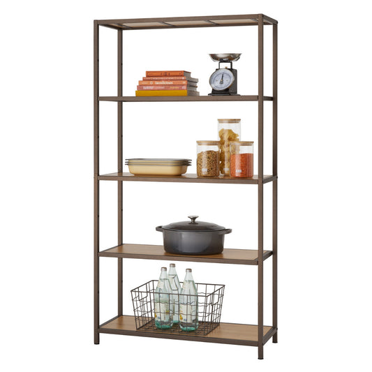 A five-tiered medium size bronze anthracite shelving rack stands against a white background, showcasing various kitchen items. The shelves, made of light brown wood, hold cookbooks, a kitchen scale, jars of food, a casserole dish, a Dutch oven, and bottled water in a wire basket.