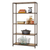A five-tiered medium size bronze anthracite shelving rack stands against a white background, showcasing various kitchen items. The shelves, made of light brown wood, hold cookbooks, a kitchen scale, jars of food, a casserole dish, a Dutch oven, and bottled water in a wire basket.