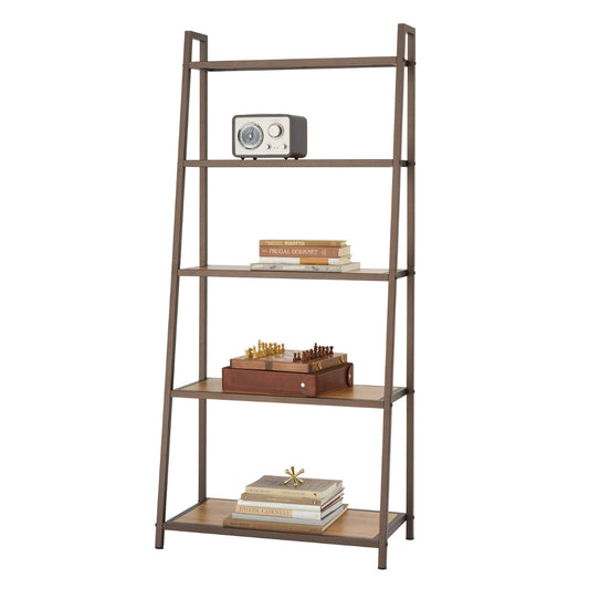 A bronze anthracite metal leaning shelving rack. Various decorative items are placed on the four visible shelves, including a radio, books, and a chess set.