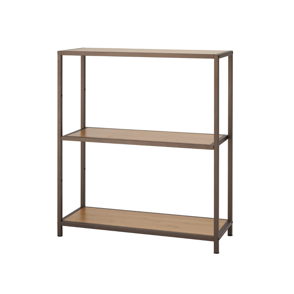 A three-tiered bronze anthracite metal shelving rack with bamboo shelf boards against a white background.