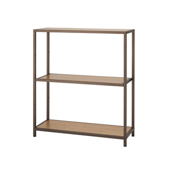 A three-tiered bronze anthracite metal shelving rack with bamboo shelf boards against a white background.