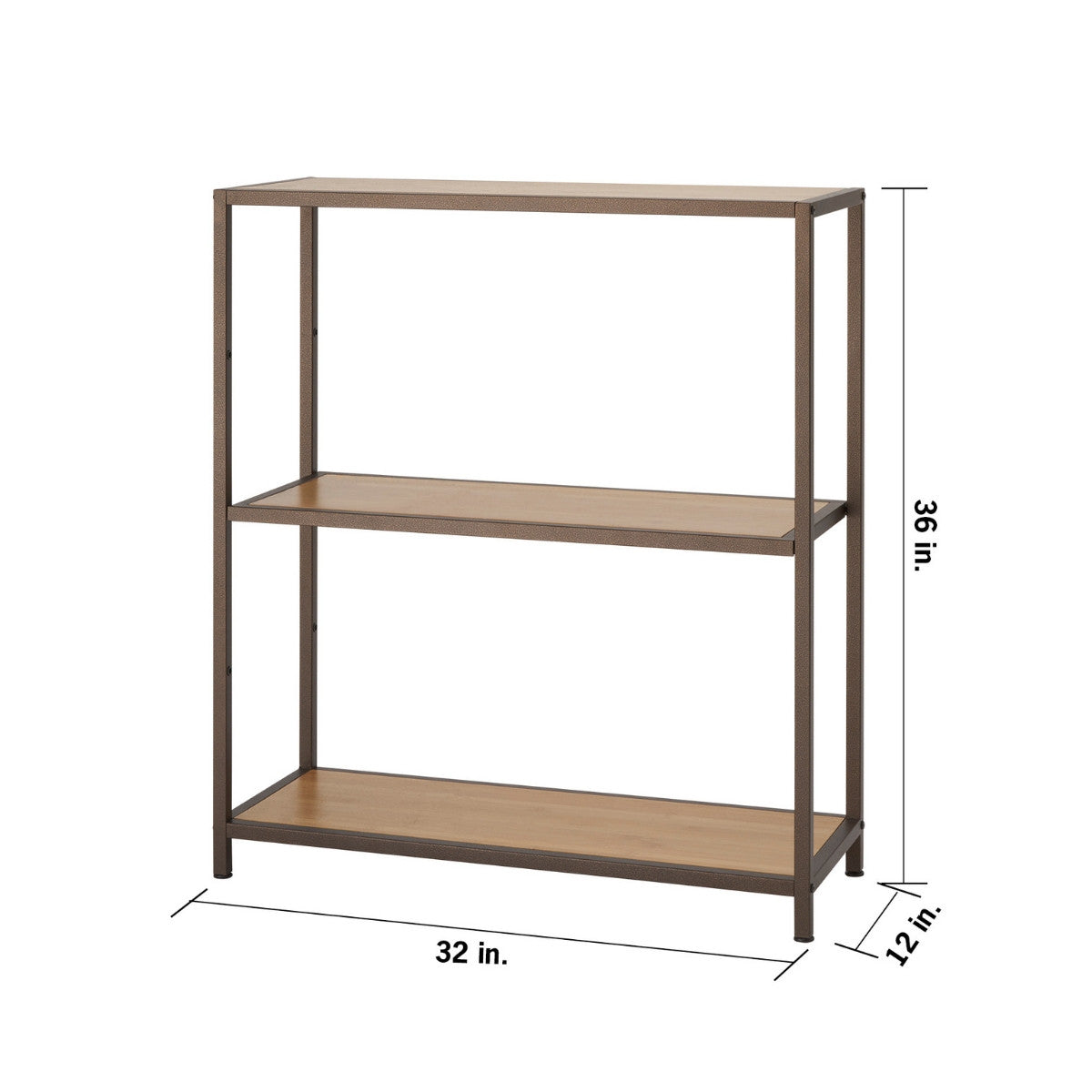 A 32 inches wide by 12 inches deep by 36 inches height three tier bronze anthracite bamboo shelving rack against a white background.