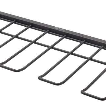 A close-up, angled shot shows a black, metal wire rack designed to hold stemmed glasses. The rack has four U-shaped holders that are ready to cradle wine glasses or other stemware.