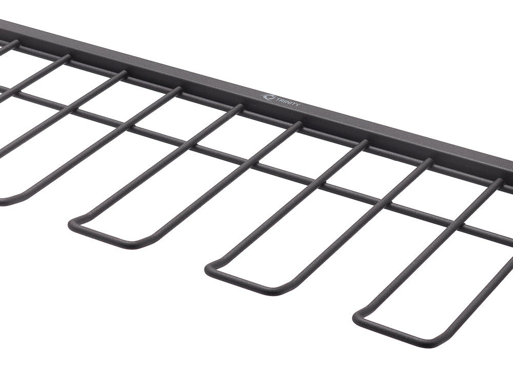 A close-up, angled shot shows a black, metal wire rack designed to hold stemmed glasses. The rack has four U-shaped holders that are ready to cradle wine glasses or other stemware.