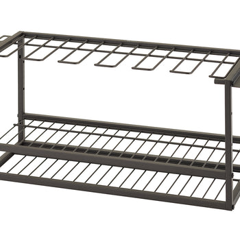 A two-tier, dark gray metal stand. The top tier is designed to hold several long-handled tools, while the bottom tier is a grid shelf for other items.