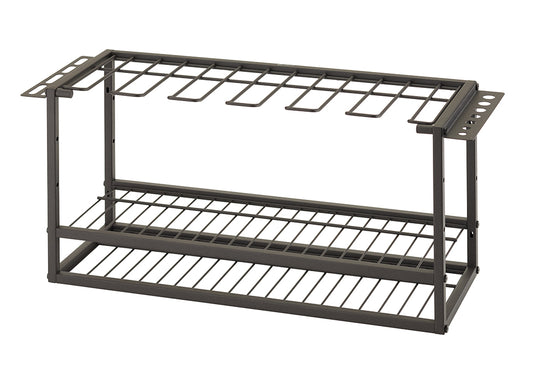 A two-tier, dark gray metal stand. The top tier is designed to hold several long-handled tools, while the bottom tier is a grid shelf for other items.