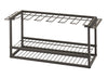 A two-tier, dark gray metal stand. The top tier is designed to hold several long-handled tools, while the bottom tier is a grid shelf for other items.