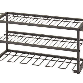 
A two-tier, dark metal tool organizer. It has two flat wire shelves for storage, hooks underneath for hanging power drills, and perforated side panels with slots to hold various hand tools.